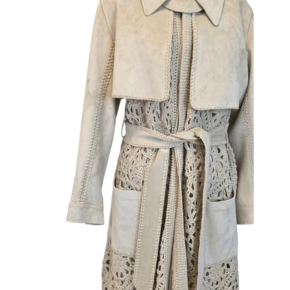 Jonathan Simkhai Yani Combo crochet and suede trench coat With Fringes, Beige M - Picture 7 of 16